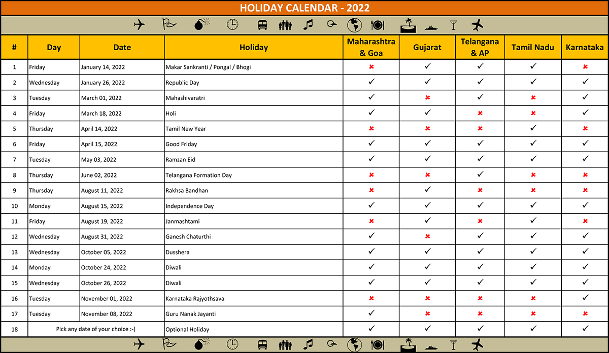 Holiday Calendar – Corporate Office